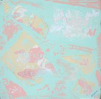 Close-up photo of the square abstract collage painting in pastel tones on drywall tile.