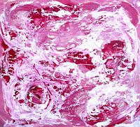 Abstract painting with swirling shades of pink, red, and white, with brush and enamel textures visible across the surface on a square vintage paper.