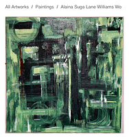 Front view of the square abstract green painting showing geometric shapes and textures.