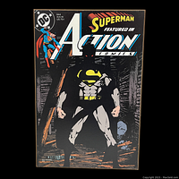 Full view of Superman print on board featuring Action Comics #644 cover art with Superman in black suit.