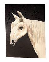 Photo shows the original painting of a white horse against a dark background with visible brushstrokes and texture.