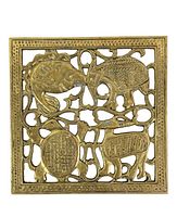 Square brass openwork trivet featuring four animals: a fish, turtle, armadillo, and possible antelope in a detailed bohemian style openwork pattern, with a footed base.