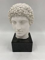 Front angled view of the Greek style reproduction carved bust head showing detailed curls and facial features on black square base.