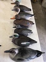 Top down view of six plastic duck decoys lined up on a table showing various bird patterns and colors.