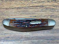 Closed pocket knife showing stag horn handle with Rough Rider logo and metal bolsters on wooden background.