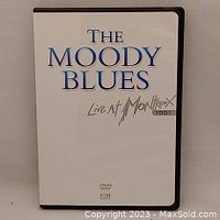 Front cover of DVD 'The Moody Blues Live at Montreux 1991' with plain white background and blue text.