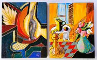 Two oil paintings on wood panels, one floral still life and one abstract bird motif artwork, displayed side by side for scale and visual comparison.