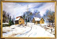 Framed oil painting showing two rustic log cabins covered in snow with bare trees and a snowy pathway curving through the scene.