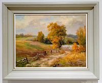 Frontal photo of the framed oil landscape painting showing the full image and frame