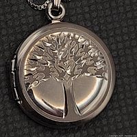 Close-up of the round sterling silver locket pendant with detailed tree design on front.