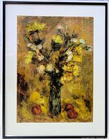 Framed front view showing yellow and white floral still life in wood frame under glass