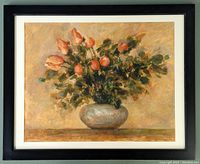 Framed full view of the floral bouquet painting showing flowers in vase with vintage wood frame and matting.