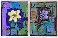 Photo showing both abstract oil paintings side by side on a white background.