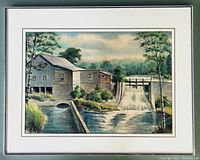Framed and matted watercolour painting showing a dock-side scene with buildings, water and trees under a cloudy sky. Signed Walter Ozaruk lower right.