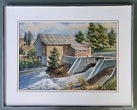 Frontal photo of the framed watercolour painting depicting the mill dam scene.