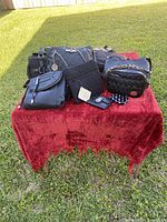 Multiple black women's purses and bags displayed on a red cloth outdoors on grass. Items include double handle fabric bag, several crossbody and quilted purses.