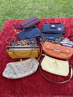 Photo of 10 assorted small purses including crossbody, wristlets, clutches, and coin purse arranged on a red carpet outdoors on grass.