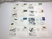 Multiple First Day Cover envelopes displayed showing wildlife illustrations and related Canadian postage stamps, dated from the 1960s and 1970s.