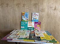 Photo of all 21 children's books laid out on table, showing colorful illustrated front covers of vintage Dr. Seuss titles and other children's books.