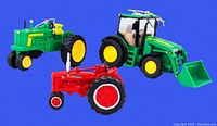Three toy tractor ornaments displayed on blue background, showing size and details from various angles