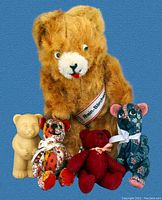 Group photo of all five bears on blue background showing the Rhein Bärchen plush bear prominently with four smaller bears in front