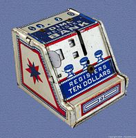 Side angle showing bank's colorful design, register mechanism, and star motif.