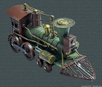 Front and left side view of the vintage JayLand metal steam locomotive train hand painted model showing detailed cab, funnel, wheels, and cowcatcher with brass and green accents.