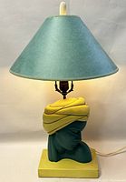 Front view showing the stylized bust lamp with turban in teal green and yellow, topped with a conical greenish lampshade.