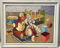 Front view of framed painting showing composition of toy still life