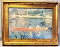 Full view of framed print showing the entire artwork and gold wooden frame with wear.