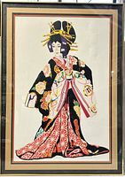 Full view of the silkscreen print showing a colorful Geisha figure in traditional attire with a frame.