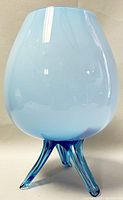 Full view of the light blue oval blown glass bowl with three curved blue glass feet, showing its shape and color.