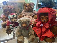 Five Raikes Bears grouped with Nicolette in original box in background. Includes bears named Sophie, Cookie, Penelope, and skiing bear in various outfits.