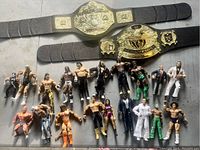 Full overview of two WWE championship belts and 22 wrestling figures arranged on a flat surface.