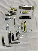 Photo showing all 14 knives laid out on a fabric surface, displaying various handle styles and blade configurations