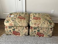 Front view of both ottomans side by side showing overall shape and fabric pattern