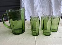 Photo of green glass pitcher and five matching green glass tumblers showing translucency and textured vertical panels.