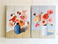 Two wooden panels showing Iceland poppies with vibrant floral arrangements in vases, set side by side.