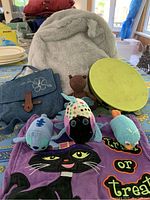 Full view of all items including fuzzy knapsack, denim purse, tambourine, Halloween bag, and plush toys.