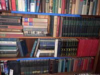 Wide shot of multiple shelves holding hardcover books including vintage and classic titles with evident aging marks.