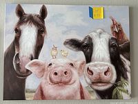 Front view of the farm animals wall art showing horse, pig, cow, and chicken with a cloudy sky background.