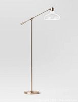 Full image of the brass floor lamp with clear glass shade and adjustable arm.