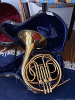French horn seated inside open case showing entire instrument and interior velvet lining