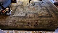 Full top-down view of rug in living room showing overall geometric border and central medallion pattern