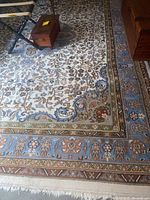 Overall view of rug under furniture showing pattern and border.
