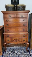 Full-frontal view of dresser showing overall condition, drawer layout and hardware
