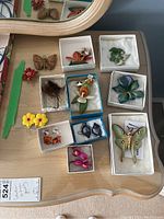 Overview photo of all jewelry items displayed on a table, showing various brooches, earrings, and clips in white boxes with padding.