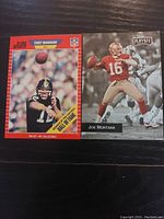 Two football trading cards featuring Terry Bradshaw and Joe Montana, showing front side with player images and logos.