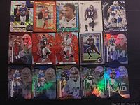 Photo of 15 NFL trading cards from various brands including Donruss, Panini Mosaic, Leaf, and Score. Cards show current and past players with holographic and foil designs.