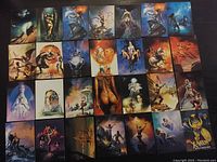Photo of 30 fantasy art cards arranged in five rows and six columns, showcasing diverse mystical and surreal themes.